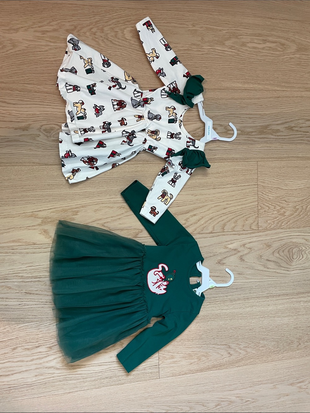 Monica and andy Girls' Dark Green Tulle Holiday Dress & Cream Printed Pinafore